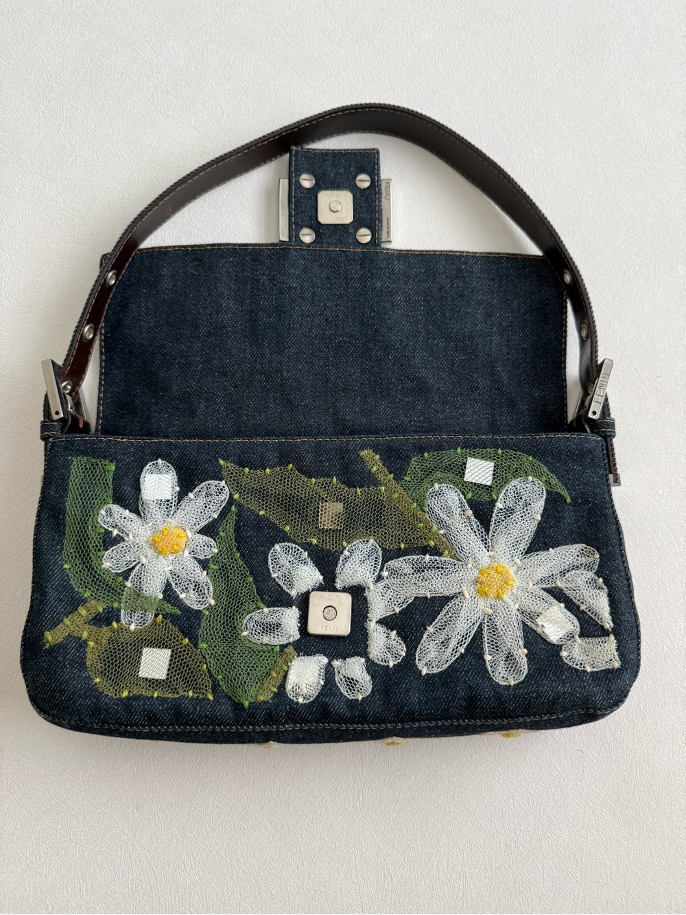 Vintage Fendi Floral Embroidered Denim Baguette Shoulder Bag - Picture 4 of 8
